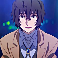 an anime character with black hair and blue eyes wearing a brown jacket, white shirt and tie