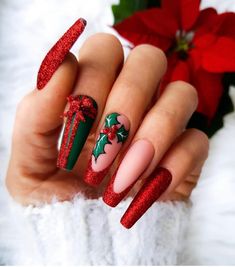 Red Christmas Nails, Holiday Nail Designs, Her Nails, Snowflake Nails, Uñas Acrilicas