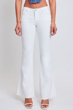 Step out in style with our Juniors Low Rise Frayed Flares. Fitted at the waist and hips with a bellbottom leg opening. Perfect for casual and dressy occasions alike. Rock these pants with confidence and show off your unique fashion sense. You'll be the talk of the town (in a good way, of course)!Product Details:- Low Rise- 1-Button Closure with Zipper- Bellbottom Flare Leg opening- Frayed Hems with diagonal seam detailSize & Fit (based on size 5):- Inseam: 33"- Rise: 8.5"- Leg Opening: 23"- Mode Trendy Summer Full-length Flares, Trendy Cotton Bottoms With Flared Hem, Stretch Flare Jeans With Flared Hem For Summer, Summer Stretch Flare Jeans With Flared Hem, Trendy Summer Flares With Flared Hem, Trendy Summer Flare Jeans With Flared Hem, Spring Non-stretch Flared Hem Pants, Stretch Wide Leg Pants With Flared Hem For Spring, Spring Stretch Wide Leg Pants With Flared Hem