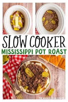 slow cooker mississippi pot roast recipe on a wooden table