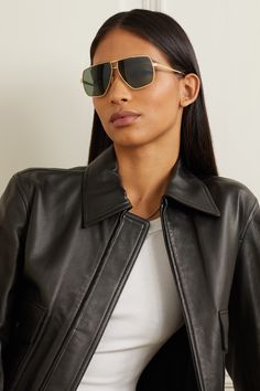 CELINE Eyewear's striking sunglasses are made from glossy gold-tone metal with oversized, aviator-style frames for maximum coverage. The dark lenses provide full-spectrum protection. Celine Eyewear, Gangster Style, Pilot Sunglasses, Aviator Style, Eyewear Womens, Gold Sunglasses, Full Spectrum, Fall 2024, Gold Tone Metal