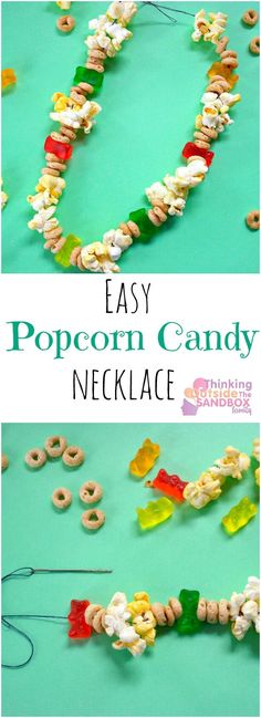 an easy popcorn candy necklace made out of cereal beads and marshmallows with the words easy popcorn candy necklace on it