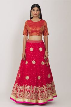 Red attached cancan lehenga with gold floral applique, sequin embroidery. Paired with floral woven padded blouse and dupatta. - Aza Fashions Festive Lehenga With Resham Embroidery, Red Chanderi Lehenga With Intricate Embroidery, Festive Lehenga With Dori Work, Red Chanderi Lehenga With Resham Embroidery, Red Choli With Resham Embroidery In Chanderi, Red Chanderi Choli With Resham Embroidery, Designer Red Choli With Resham Embroidery, Festive Red Lehenga With Dori Work, Red Embroidered Chanderi Lehenga