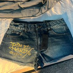 They Are Ed Hardy Jean Shorts They Are Blue,Orange,Gold,And Red They Have Tigers On The Back Pockets They Are Brand New Size Xs They Are Never Worn With The Tags Still On Them Ed Hardy Jeans, Brown Moto Jacket, Blue Apron, Gold And Red, Ralph Lauren Sweater, Walker Boots, Ed Hardy, Garment Bags, Orange Gold