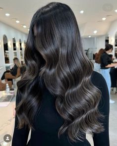 Black Hair Cool Highlights, Ashy Caramel Highlights, Dark Ash Balayage On Black Hair, Ashy Dark Hair, Babylights Black Hair, Soft Balayage On Dark Hair, Dark Ash Balayage, Ash Brown Balayage On Dark Hair, Dark Ash Hair