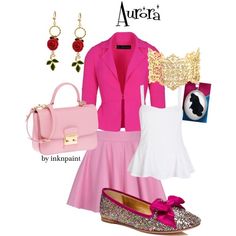 a woman in pink outfit and shoes with handbag