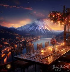 a dining table with candles and flowers on it in front of a view of a mountain