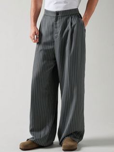 Dark Grey  Collar  Woven Fabric Striped  Embellished Non-Stretch  Men Clothing Grey Striped Pants Outfit Men, Temperature Clothing Guide, Striped Pants Men, Clothing Guide, Men Suit, Estilo Hip Hop, Mens Trends, Suit Pants, Suit Separates