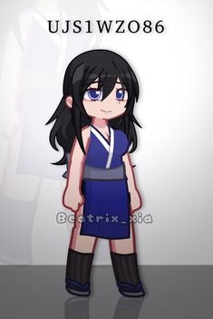 an anime character with long black hair and blue eyes, standing in front of a white background