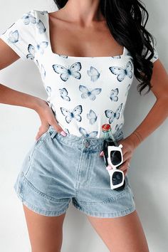 PREORDER Everyday Happiness Butterfly Print Top (White/Butterfly) · NanaMacs Butterfly Themed Clothes, Trendy Butterfly Top For Spring, White Butterfly Print Top For Summer, Fitted Butterfly Print Top For Summer, White Butterfly Print Short Sleeve Top, White Butterfly-shaped Top For Summer, Summer Crop Tops, White Butterfly, Overall Dress