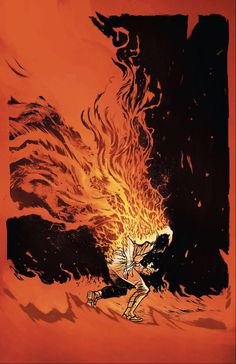 a drawing of a person standing in front of a fire with flames coming out of it