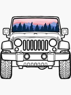 a jeep with trees and mountains in the back window, on a white background illustration