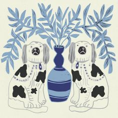 two dogs sitting in front of a vase with leaves