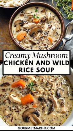 creamy mushroom chicken and wild rice soup in a bowl with carrots on the side