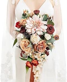 Bridal Bouquet Cascading, Wedding Artificial Flowers, Bouquets For Wedding, Artificial Flower Bouquet, Orange Wedding, Bride Bouquets, Bridal Bouquet