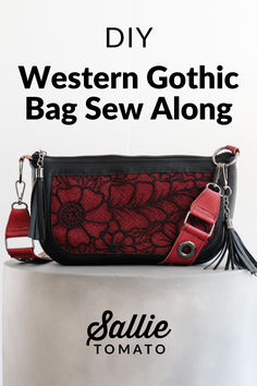 a red and black purse with the words diy western gothic bag sew along