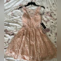 Light Pink Lace Dress Fit And Flare Lace Mini Dress, Lace Fit And Flare Mini Dress, Lace Knee-length Homecoming Dress, Knee-length Lace Homecoming Dress, Spring Homecoming Midi Dress, Spring A-line Lace Prom Dress, Spring Prom Mini Dress In Lace, Spring Lace Mini Dress For Prom, Sleeveless Lace Dress For Homecoming