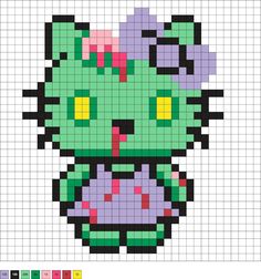 an image of a cross stitch pattern of a green kitty with flowers on her head