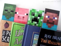 several books are lined up on a shelf with the covers made to look like minecraft characters