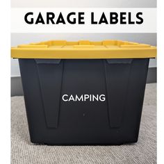 a black and yellow storage box with the words garage labels on it