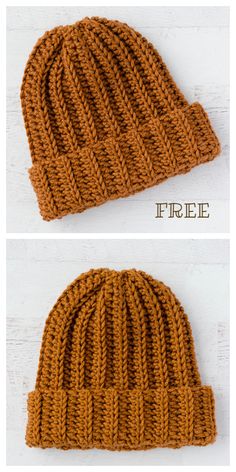 two pictures of the same knitted beanie, one in orange and one in brown