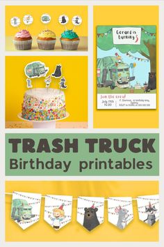 a birthday party with cupcakes, cake and cards on the side that says trash truck birthday printables