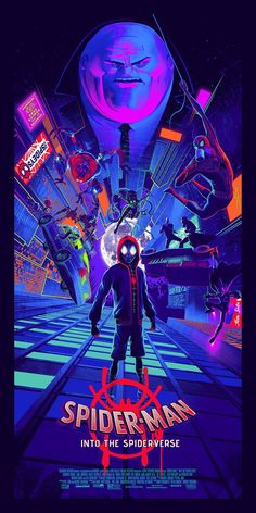 the poster for spiderman into the spiderverse, which features an image of a man with