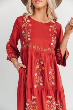 189A4492-Edit_WEB Casual Fall Dresses With Embroidered Hem, Floral Print Tunic Embroidered Dress, Embroidered Floral Tunic Dress, Flowy Bohemian Embroidered Dress With Floral Embroidery, Fall Tunic Dress With Pockets, Bohemian Dresses With Floral Embroidery And 3/4 Sleeves, Casual Embroidered Hem Dress For Fall, Casual Embroidered Dress With Hem Detail For Fall, Bohemian Spring Dresses With Tonal Embroidery