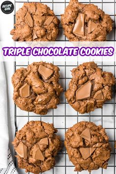 triple chocolate cookies on a cooling rack with the words triple chocolate cookies in front of them