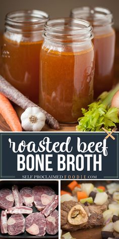 roasted beef broth with carrots, celery and mushrooms in mason jars