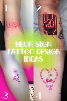 some tattoos that are on the side of someone's leg and one has a neon sign