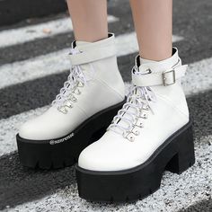 Fabric Material: Pu LeatherColor: Black. WhitePlatform: 6cm/2.36"Heel Height: 8.5cm/3.35" White High Heel Boots For Streetwear, White High-top Platform Boots For Streetwear, White Ankle-high Platform Boots For Streetwear, White Ankle-high Platform Boots For Fall, Edgy White Platform Boots, White Boots For Streetwear In Spring, White Boots For Spring Streetwear, White Lace-up Platform Boots For Streetwear, White High Heel Platform Boots With Chunky Platform