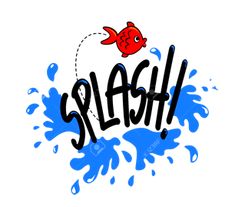 the word splash written in black and blue ink with a red fish floating above it