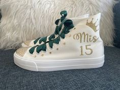 Quince Custom Shoes, Light Green Quince Theme, Quince Shoes Converse, Green Themed Quinceanera, Quince Decorations Green, Tinker Bell Quinceanera Theme, Shoes For Quinceanera, Emerald Green And Gold Quince, Sage Quinceanera Theme