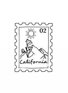 a stamp with the word california on it and a mountain in the background, outlined in black ink