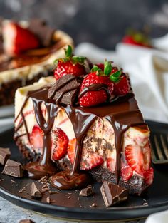 a piece of chocolate covered cheesecake with strawberries on top and one slice cut out