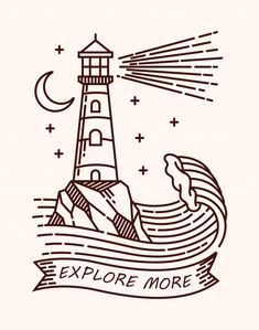 an ink drawing of a lighthouse with the words explore more on it