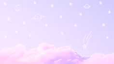 the sky is filled with white stars and clouds, as well as some pink clouds