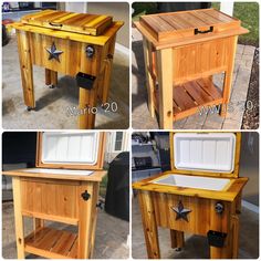 four different views of a wooden table with an ice chest on the top and bottom