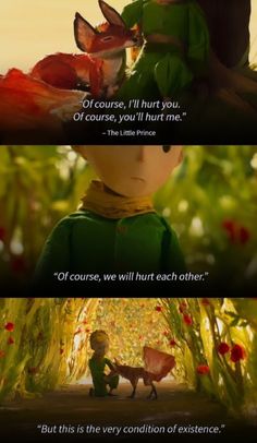 the little prince and his fox are shown in two different scenes, one is looking at another