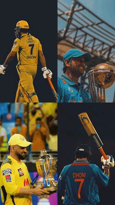 four different pictures of the same team and their respective trophy winners, including one holding a cricket bat