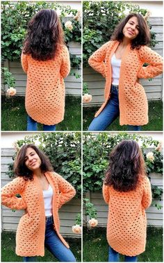 four pictures of a woman wearing an orange cardigan