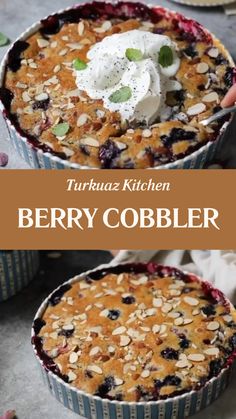 blueberry cobbler in a pie pan with whipped cream on top