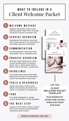 a white and pink flyer with the words, what to include in a client welcome packet