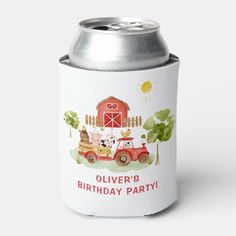 a birthday party can cooler with farm animals on it