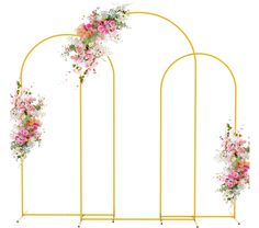 an arch with flowers on it is shown in three different colors and sizes, including pink