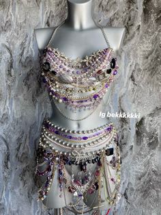 upcycled necklaces and chains set - top and mini skirt by ig bekkkkkki Custom Rave Outfit, Anything But Clothes Party Ideas, Anything But Clothes Party, Sabrina Style, Beaded Clothes, Anything But Clothes, Bead Top, Rave Concert, Rave Fit