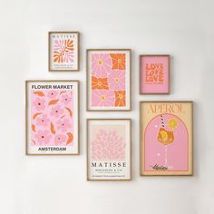 six framed art pieces on the wall with flowers and drinks in pinks, oranges and yellows