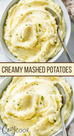 mashed potatoes in a white bowl with a spoon on top and the words creamy mashed potatoes above it