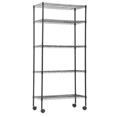 four tiered wire shelving unit with wheels on each side and three black casteors